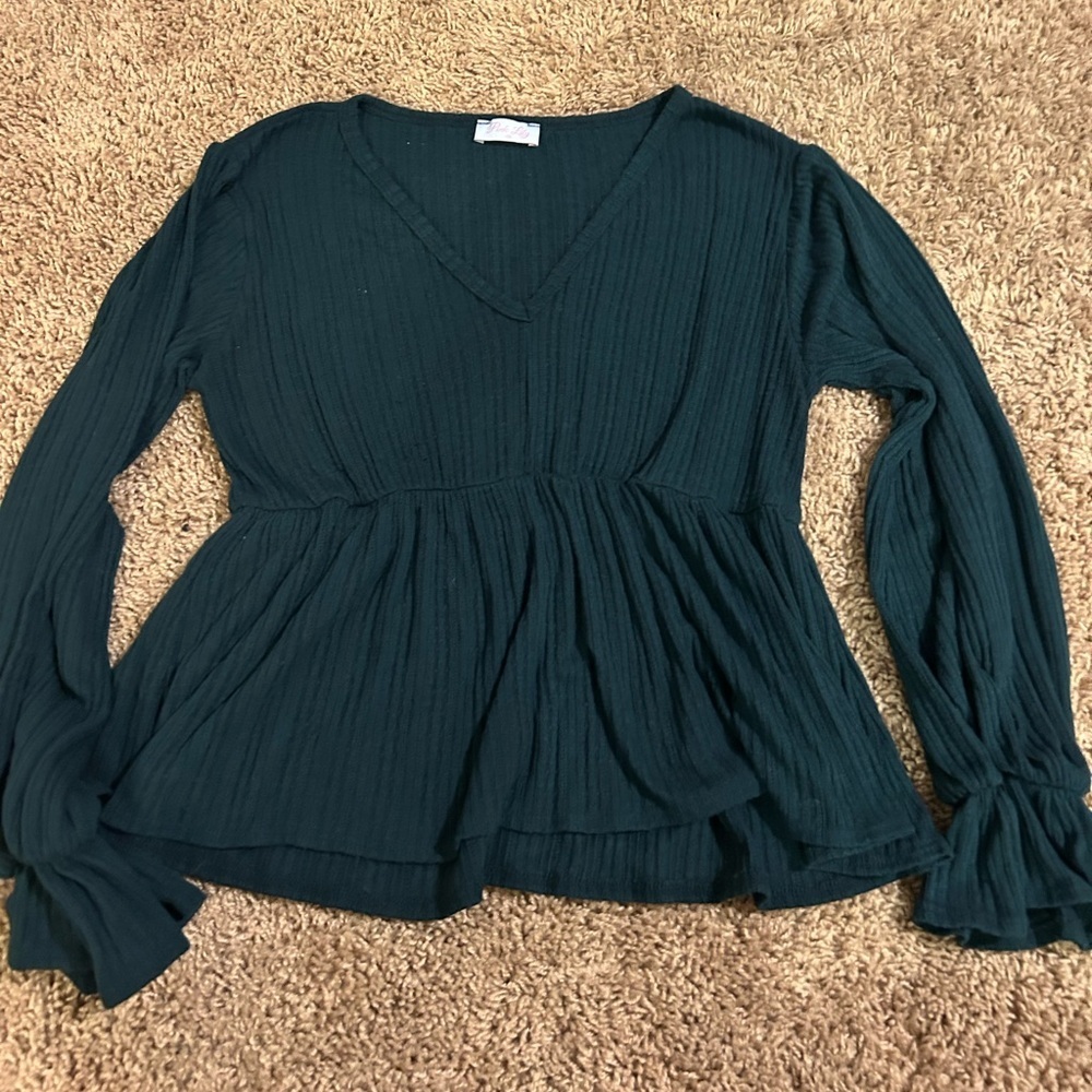 Pink Lily “It’s All Because Of You Emerald Blouse” v neck peplum emerald green